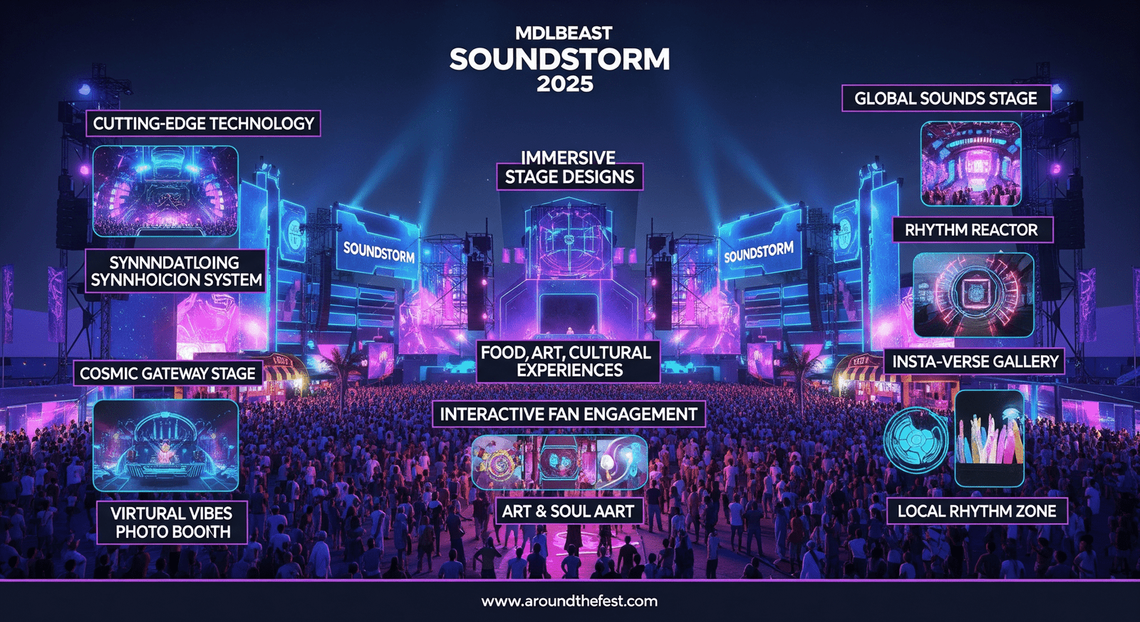 “MDLBEAST Soundstorm 2025 festival illustration with key points labeled: cutting-edge technology, immersive stage designs, interactive fan engagement, food/art/cultural experiences, setting a new standard for festivals.”