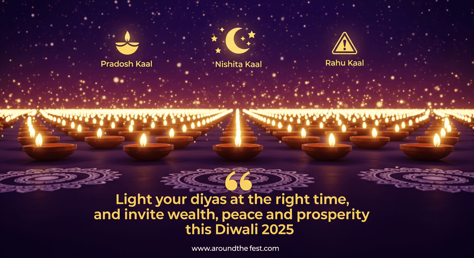"Diwali 2025 illustration showing glowing diyas, colorful rangoli, and a symbolic clock representing the Lakshmi Puja muhurta and festival timing."