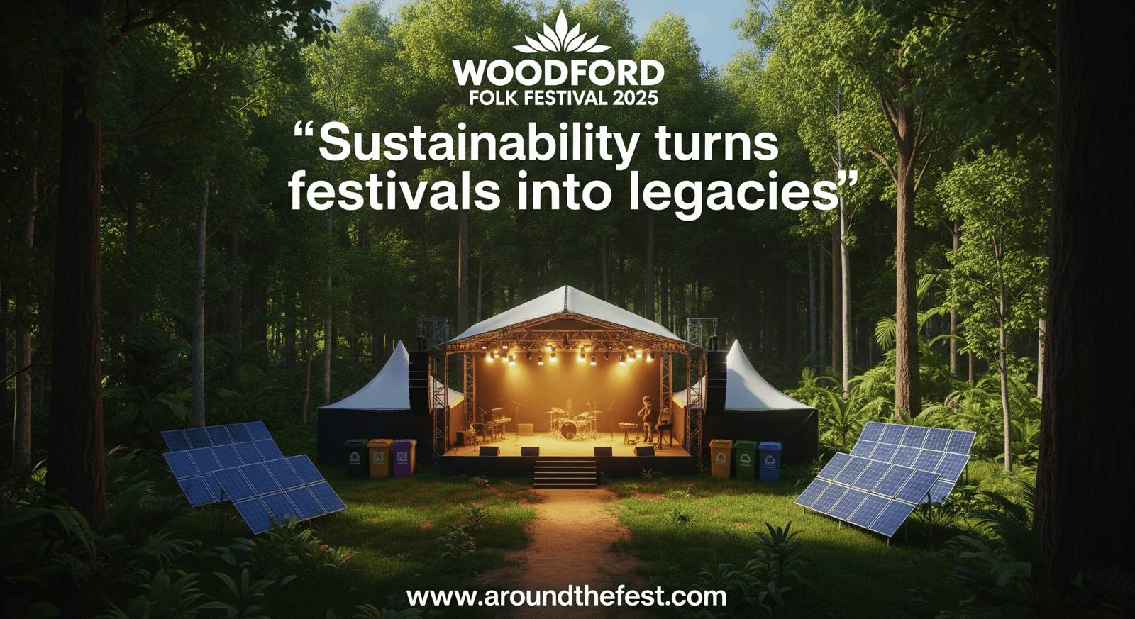 Alt text: "Aerial view of Woodford Folk Festival 2025 in Queensland forest showing LED stages, solar panels, food stalls, and recycling areas with the quote: 'Sustainability turns festivals into legacies.'"