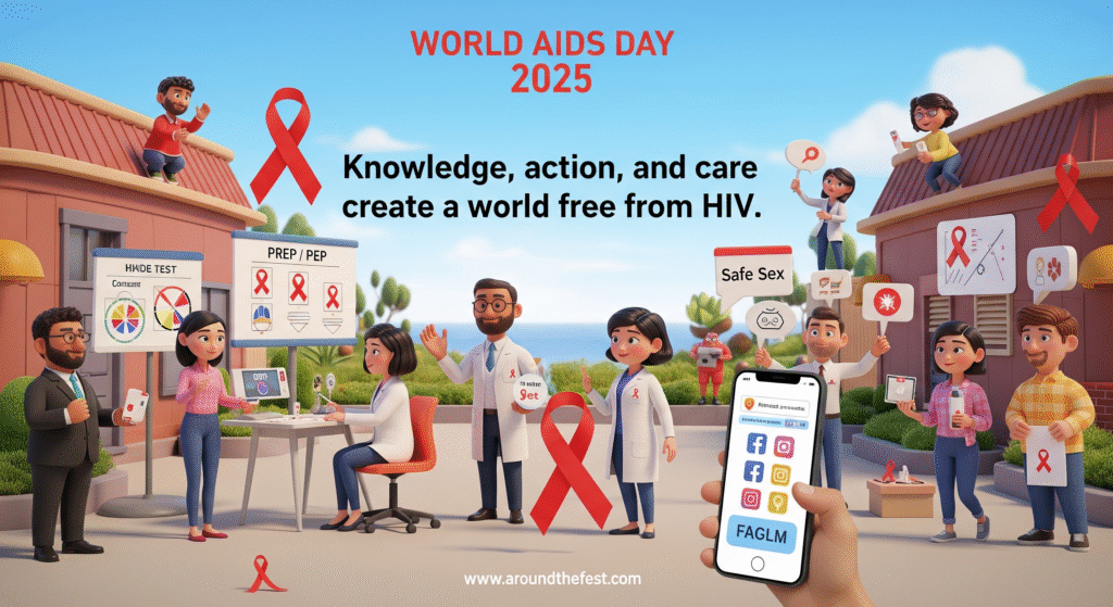 “Illustration of diverse individuals practicing HIV prevention tips for World AIDS Day 2025, including testing, PrEP, PEP, and community engagement, with red ribbons and educational icons, quote: ‘Knowledge, action, and care create a world free from HIV.’”