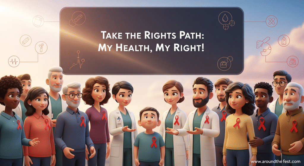 "World AIDS Day 2025 illustration with diverse people, red ribbons, HIV awareness info, and the quote ‘Take the Rights Path: My Health, My Right!’"