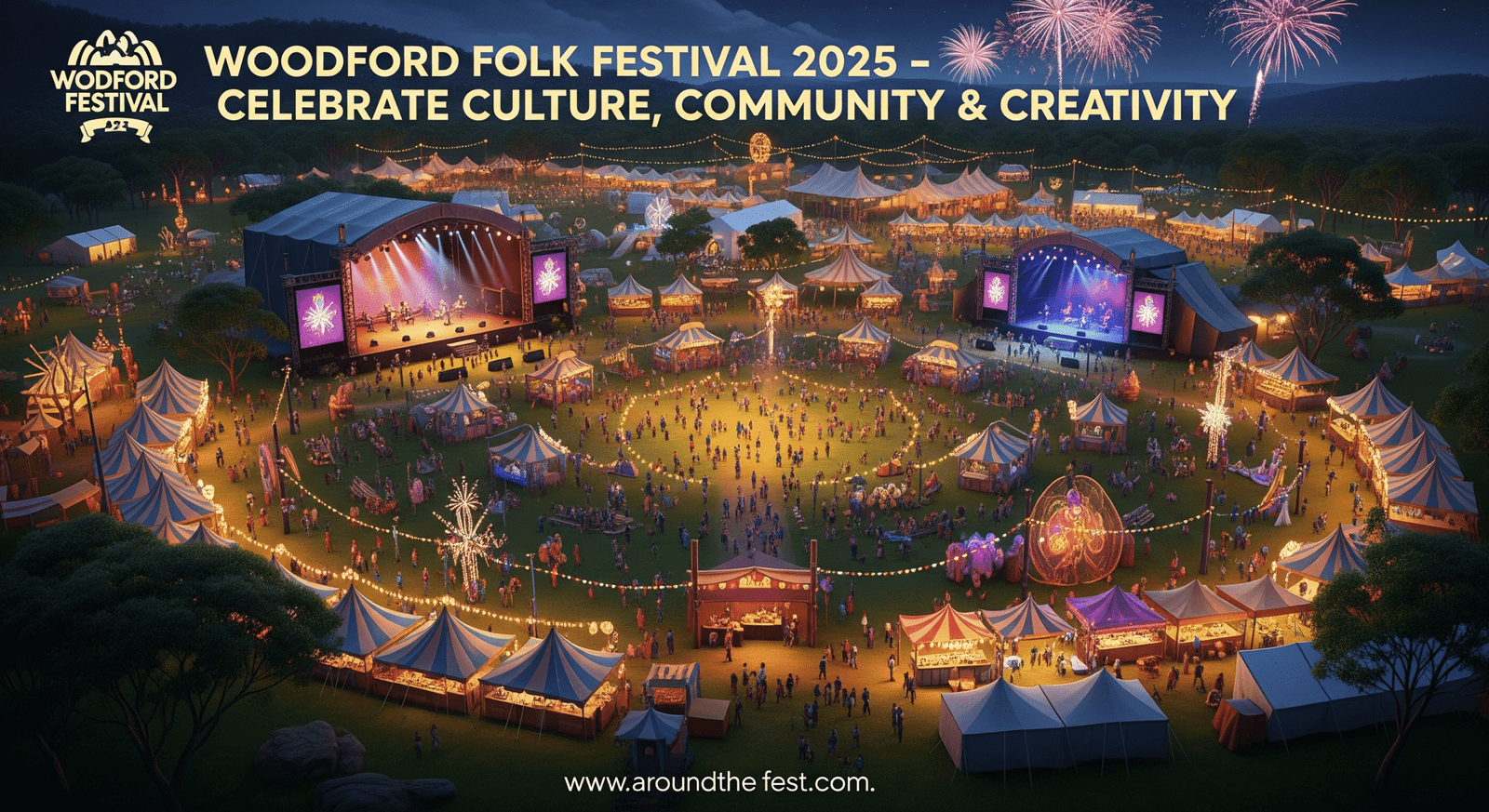 Woodfordia, Queensland – festival site with music, art, workshops, food markets, and New Year’s Eve fireworks, with overlaid title text.”