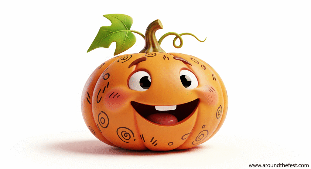 Kawaii cute pumpkin drawing with big eyes and curly green stem