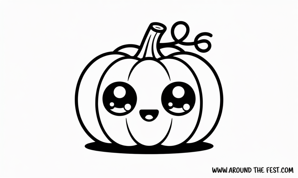 “Cute kawaii pumpkin drawing in pastel orange with sparkling anime-style eyes and a smiling face, chibi cartoon design perfect for kids and Halloween crafts.”