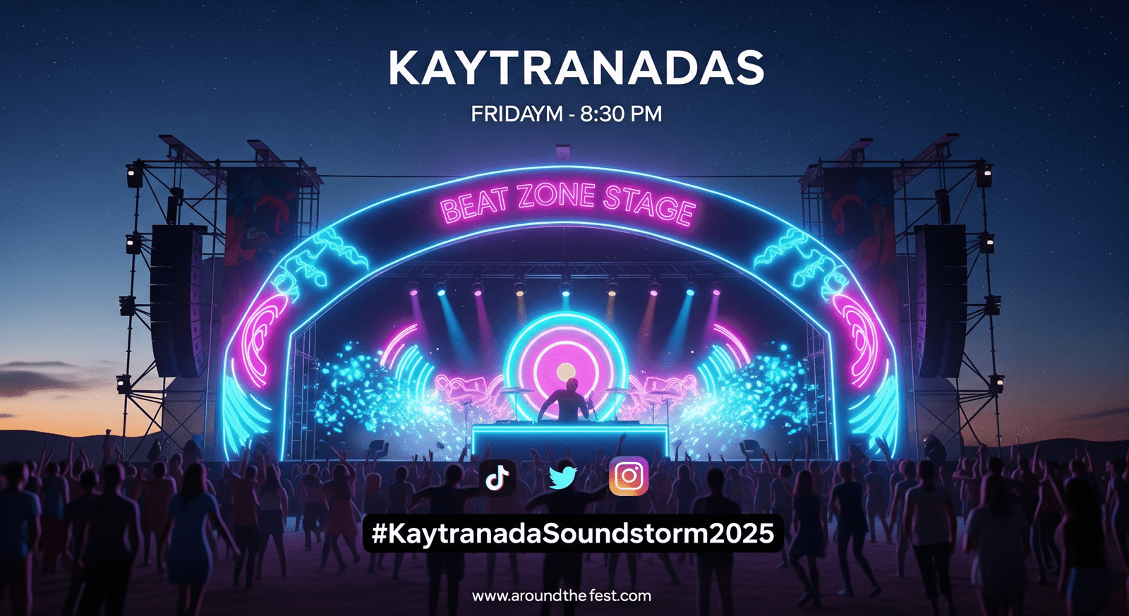 "Kaytranada at Soundstorm 2025 Beat Zone Stage performing genre-blending electronic sets with interactive light-synced art zones."