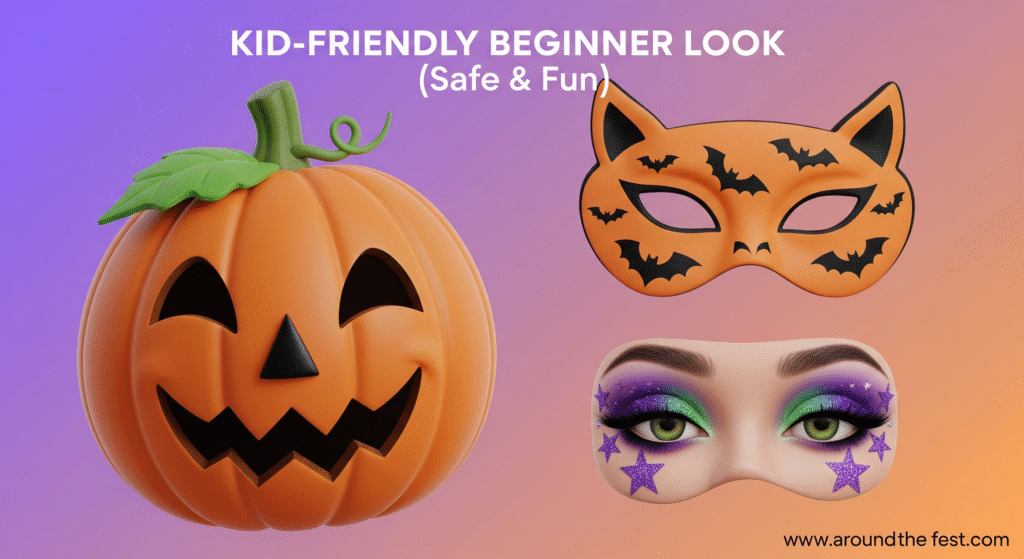 “Kid-friendly Halloween makeup with options: pumpkin face, bat mask, or starry witch design using safe bright face paints.”