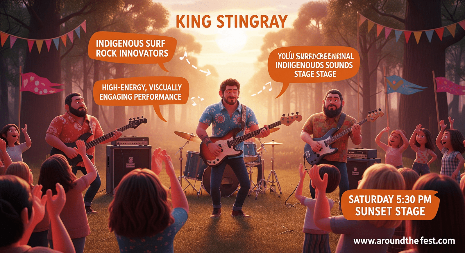 King Stingray performing Yolŋu surf rock at the 2025 Woodford Folk Festival Sunset Stage, Saturday 5:30 PM, featuring hits like Milkumana, high-energy performance, and cultural storytelling.