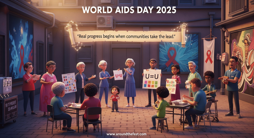 community leaders in action: peer educators, youth activists, and local health workers providing HIV testing, counseling, and support, symbolizing grassroots leadership and the quote ‘When communities lead, transformation follows.’”