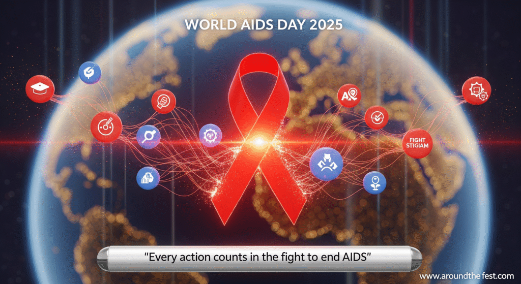glowing red ribbon transforming into light strands connecting HIV awareness icons, quote: ‘Every action counts in the fight to end AIDS.’”