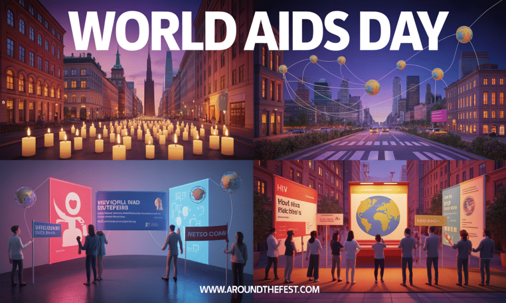 Illustration of the first World AIDS Day in 1988 showing candlelight vigils, public seminars on HIV testing and prevention, community mobilization with awareness banners, and subtle global icons to represent worldwide replication. Deep reds, indigo, and gold accents convey hope, education, and solidarity."