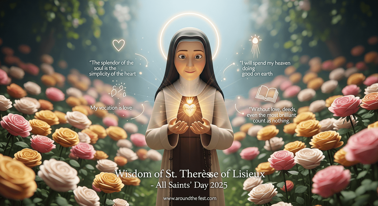 St. Thérèse of Lisieux in a rose garden holding a glowing heart, surrounded by floating symbols of love, simplicity, and good deeds – All Saints’ Day 2025 inspiration."