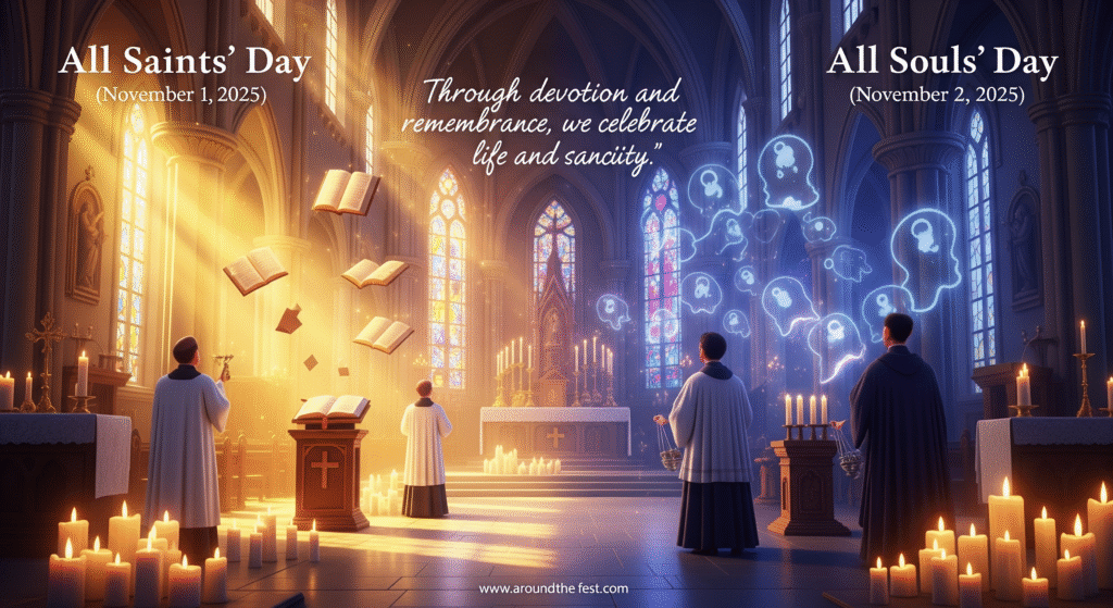 Illustration showing with white vestments and golden light, and with black/purple vestments, candles, and incense for prayers."