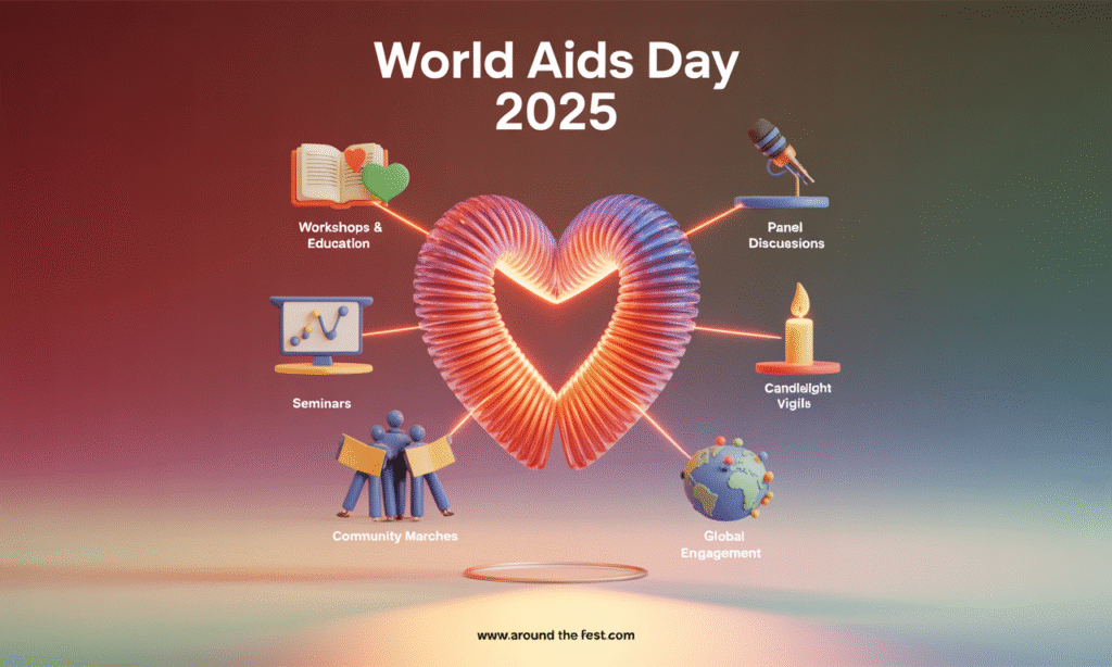 "World AIDS Day 2025 infographic with a glowing hub and six icons: workshops, panels, seminars, vigils, marches, and global engagement. Deep red, indigo, and white glow background with title and subheading text."