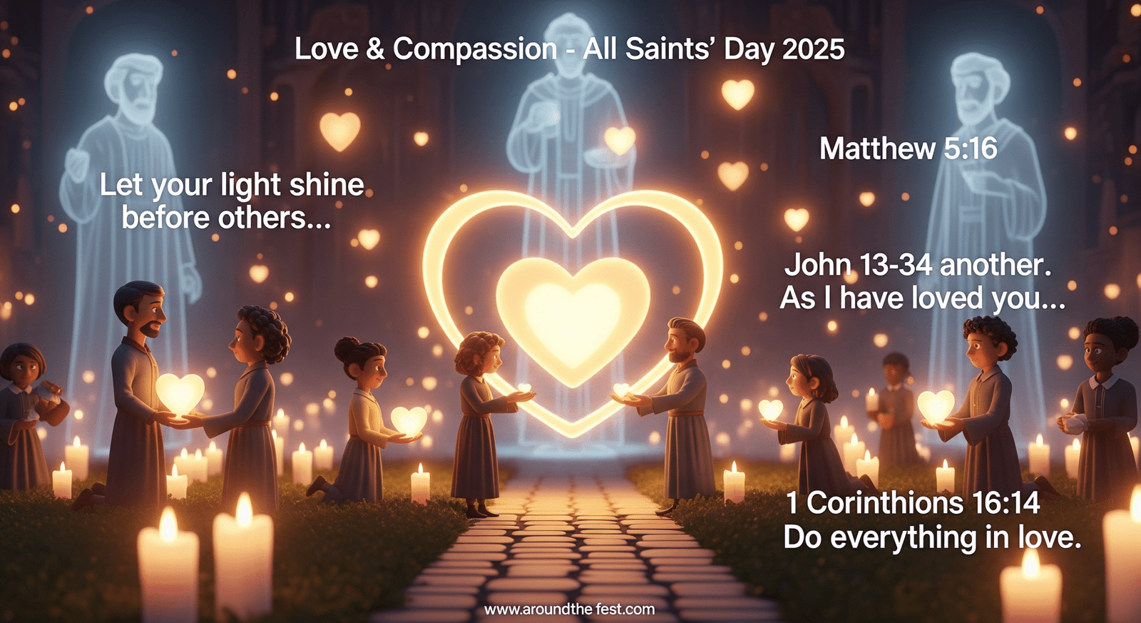 "All Saints’ Day 2025 social media visual with Bible verses on love and compassion, glowing hearts, candles, and saintly figures, symbolizing kindness, service, and holiness."
