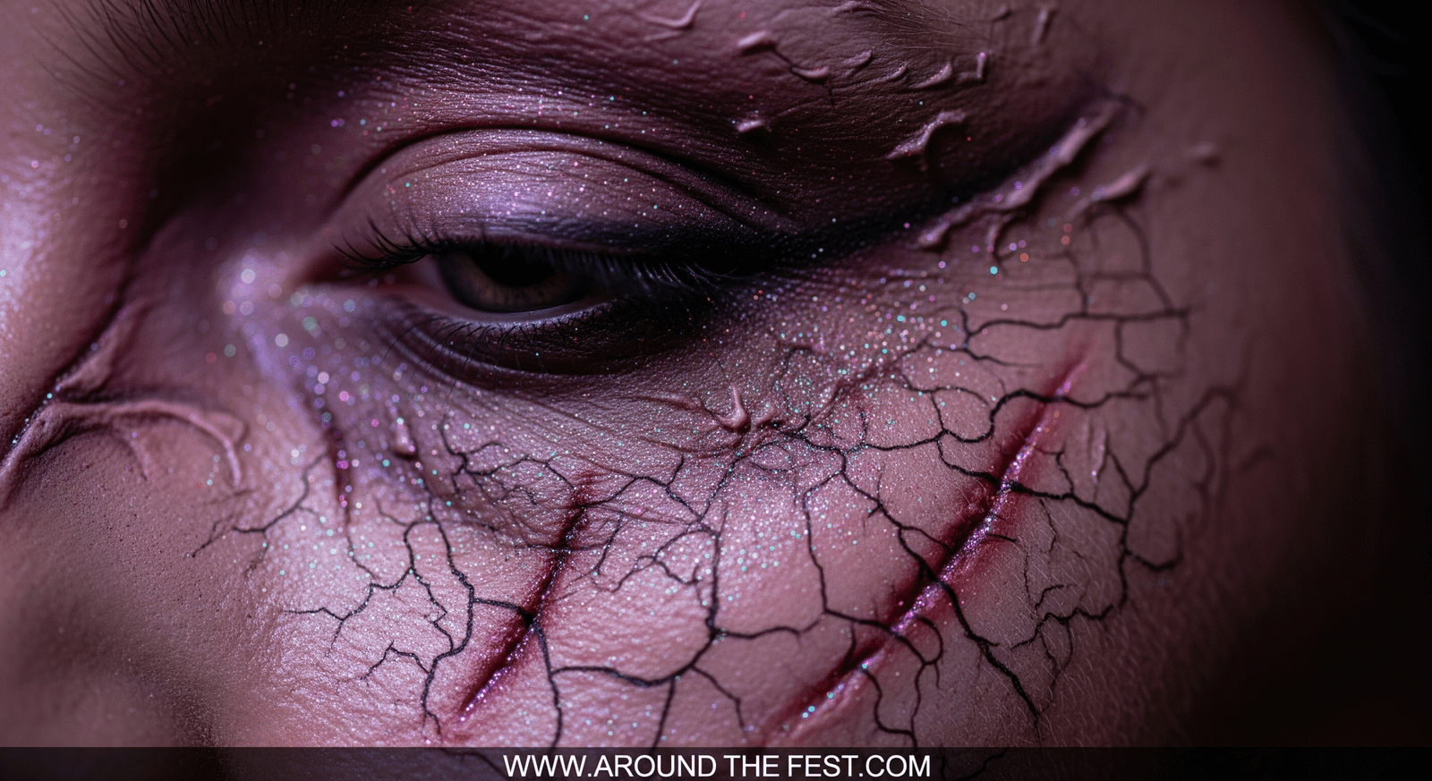 "Micro-detail makeup with tiny scars, veins, and cracked skin patterns."
