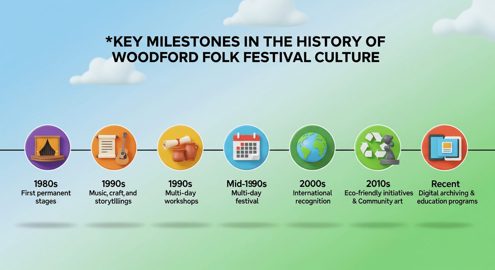 Key Milestones in the History of Woodford Folk Festival Culture infographic showing a horizontal timeline with icons and labels: 1980s first permanent stages, 1990s workshops, mid-1990s multi-day festival, 2000s international recognition, 2010s eco-friendly initiatives, recent digital archiving and education programs."