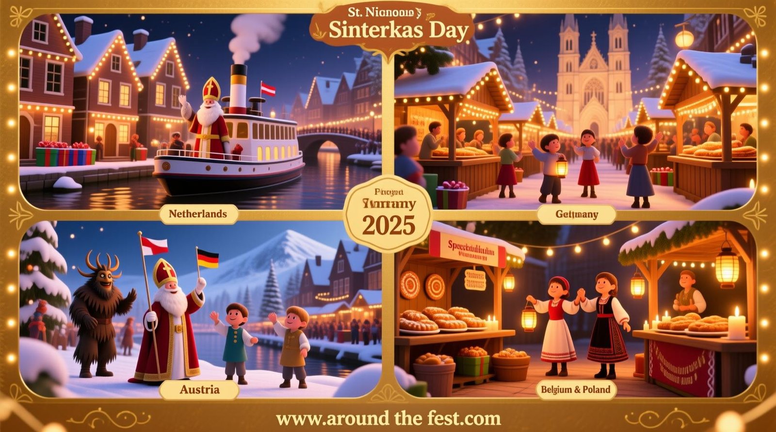 “Festive split-scene collage of St. Nicholas Day 2025 travel experiences in Europe: Sinterklaas in the Netherlands, Nikolaustag in Germany, Krampus in Austria, and fairs in Belgium & Poland.”