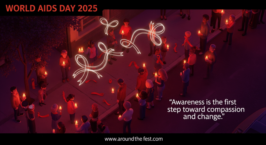 "Illustration of a World AIDS Day candlelight vigil with diverse people holding candles and red ribbons, symbolizing remembrance, hope, and solidarity in HIV/AIDS awareness, with quote: 'Awareness is the first step toward compassion and change.' "
