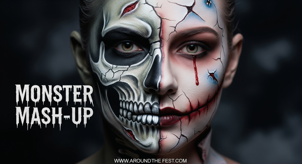 "Ultra-realistic Monster Mash-Up Halloween makeup combining zombie, skeleton, vampire, and cracked porcelain effects, with 'Monster Mash-Up' written on the image."