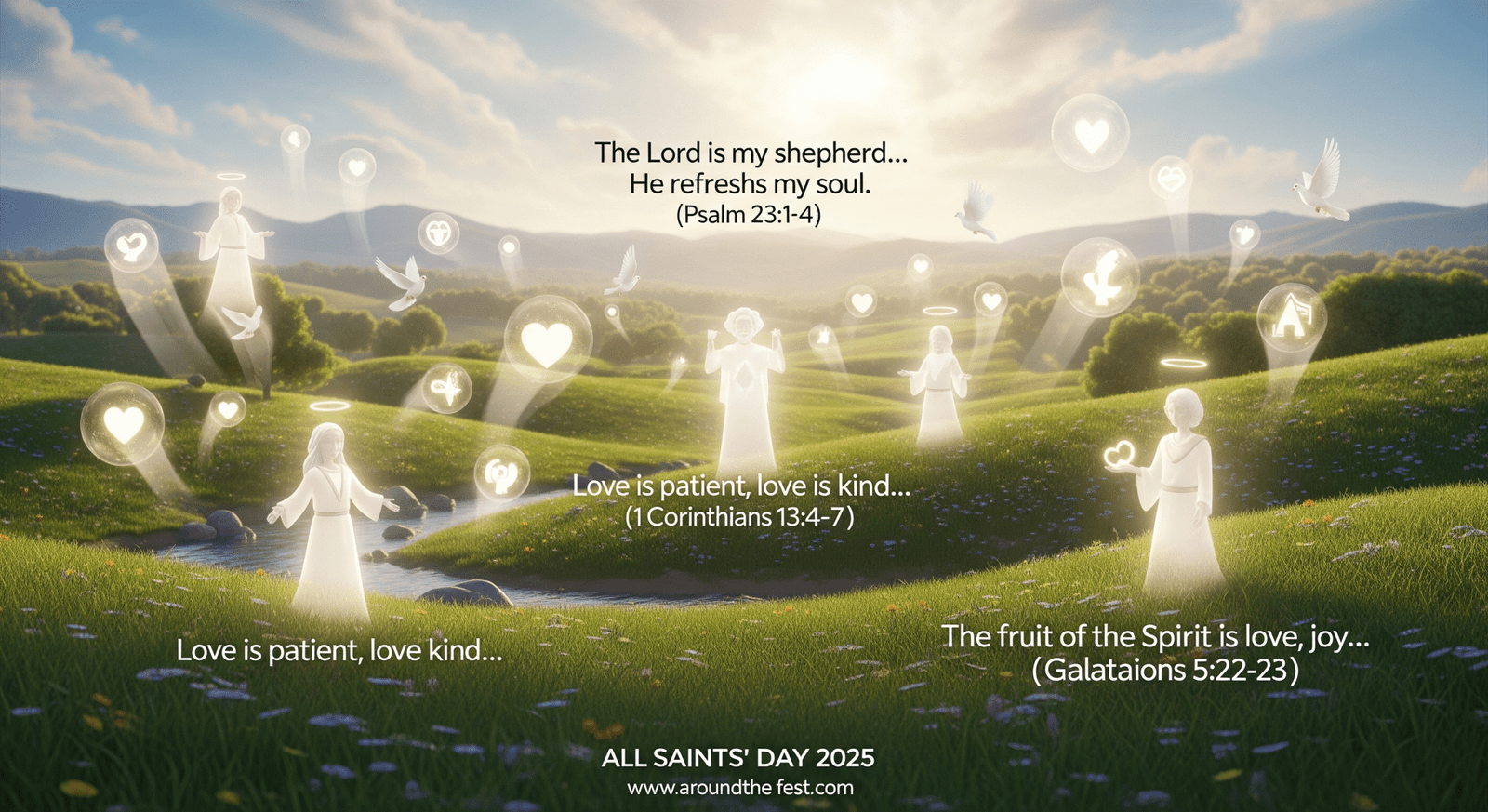 visual with Bible verses on saintly virtues, pastoral scenery, glowing saints, hearts, and doves symbolizing love, patience, humility, and spiritual guidance."