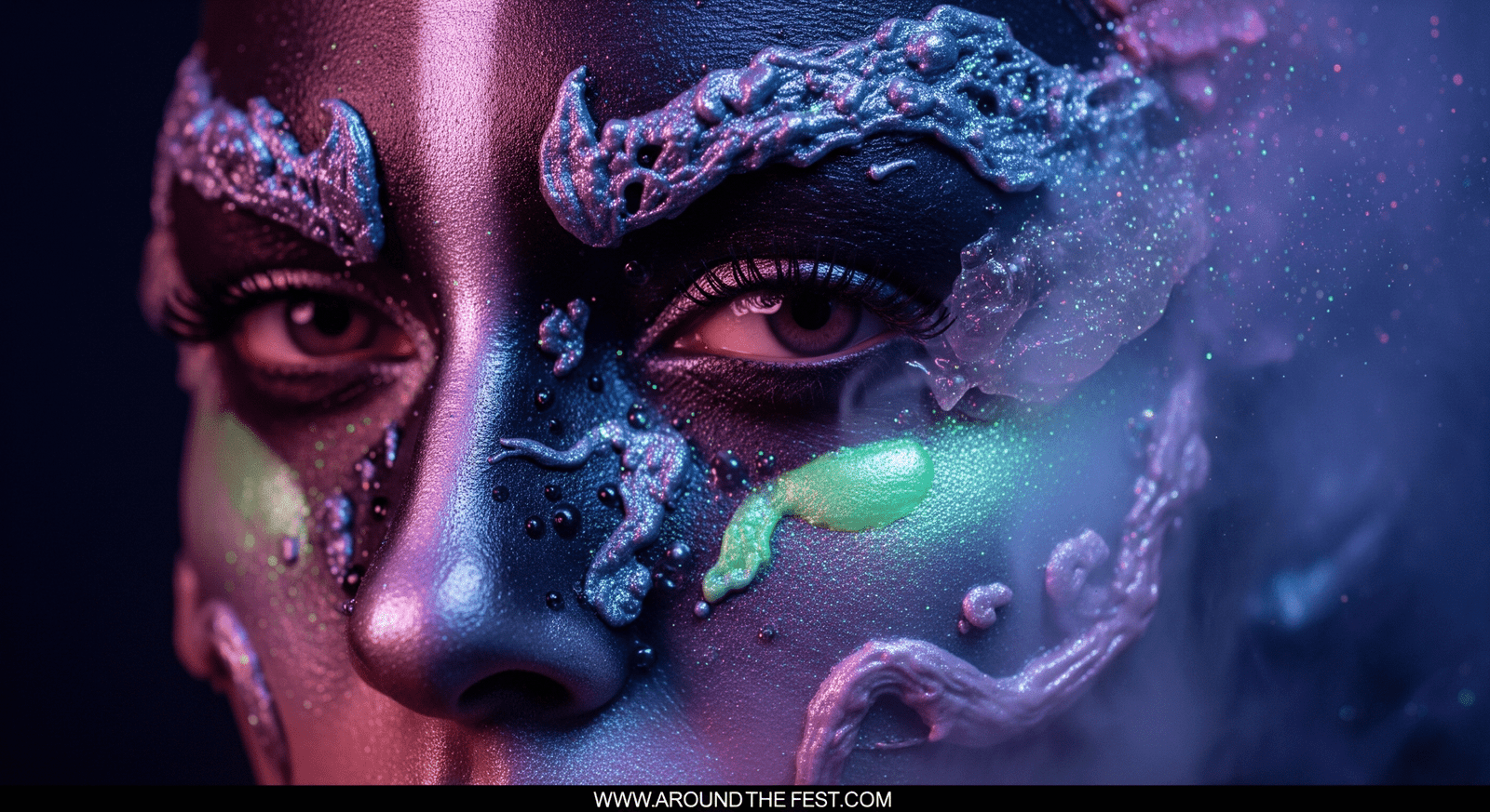 Artistic cinematic special effects makeup using prosthetics, glitter, and texture for immersive party looks."
