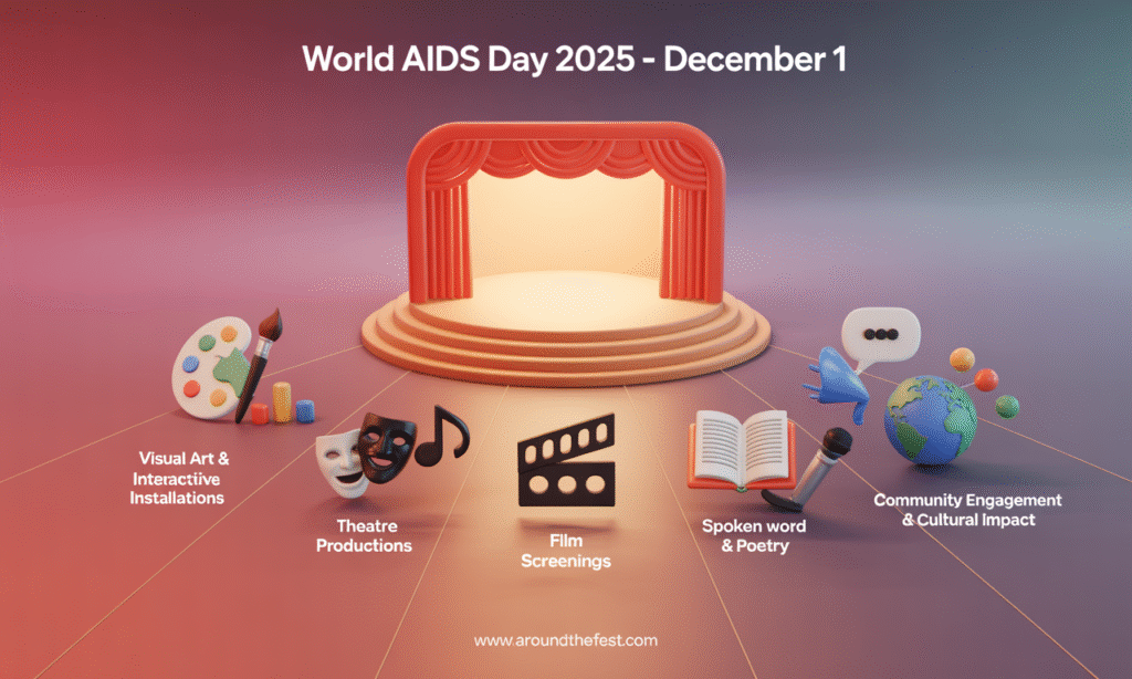 infographic with icons for art, music, theatre, film, spoken word, and cultural engagement for HIV awareness."