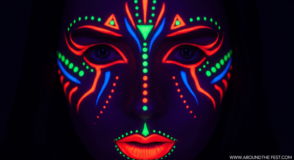 “Neon tribal face paint glowing under UV light with symmetrical neon pink, green, and blue lines for a futuristic Halloween look.”