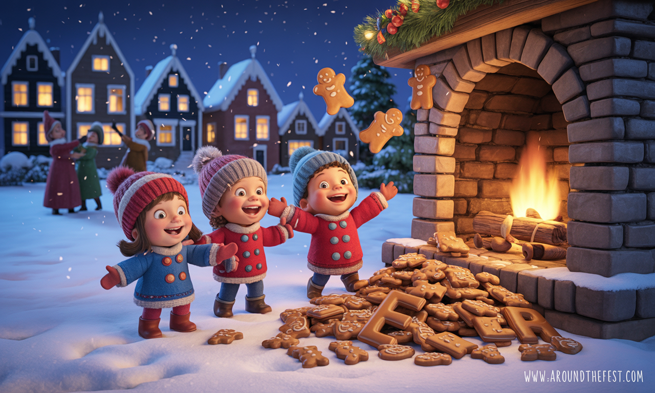 “Netherlands Sinterklaas 2025 treats: Pepernoten, Kruidnoten, and chocolate letters in children’s shoes with festive helpers.”