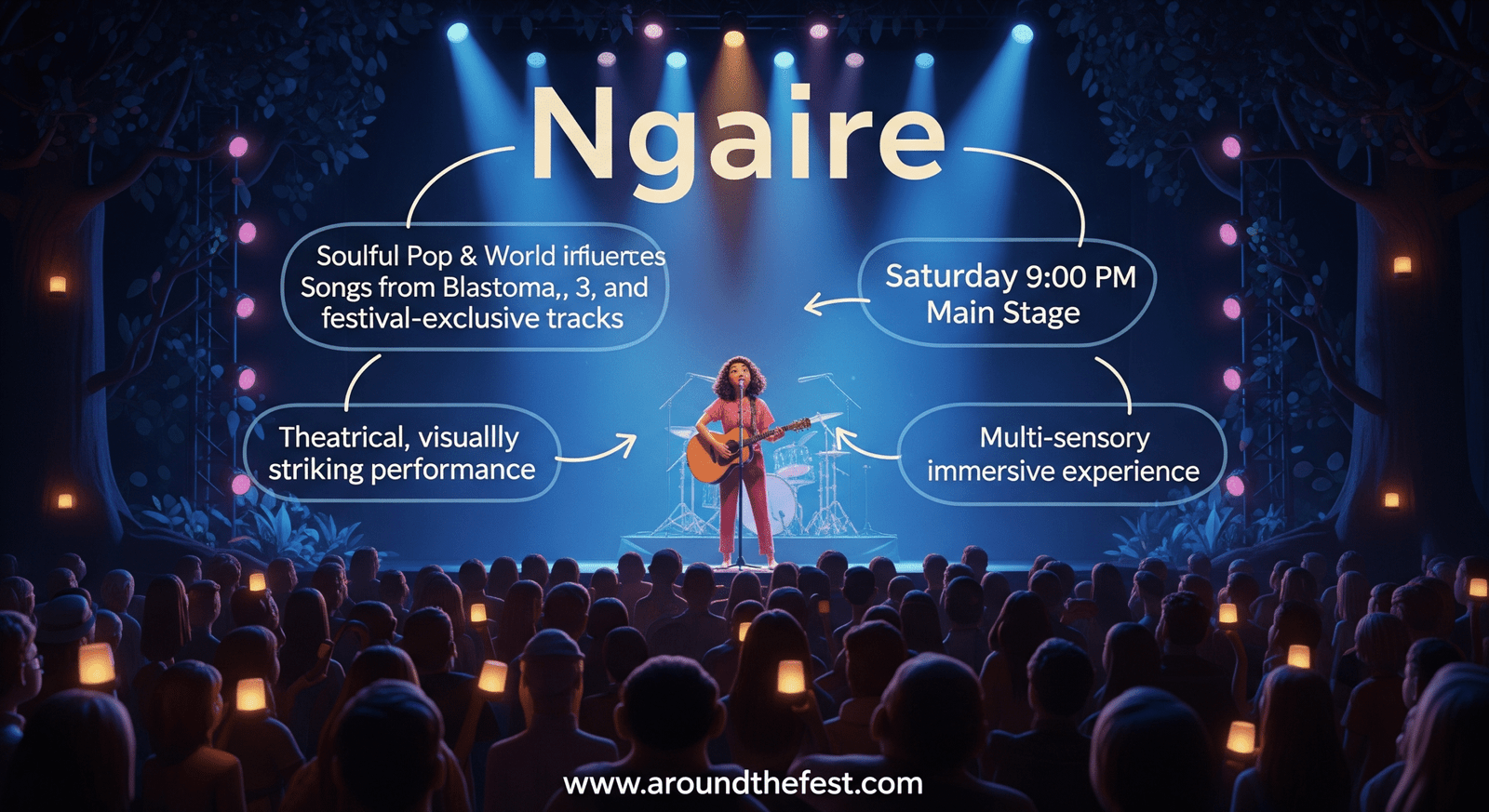 Ngaiire performing soulful pop and world music 2025, Saturday 9:00 PM, with immersive lighting and choreography.