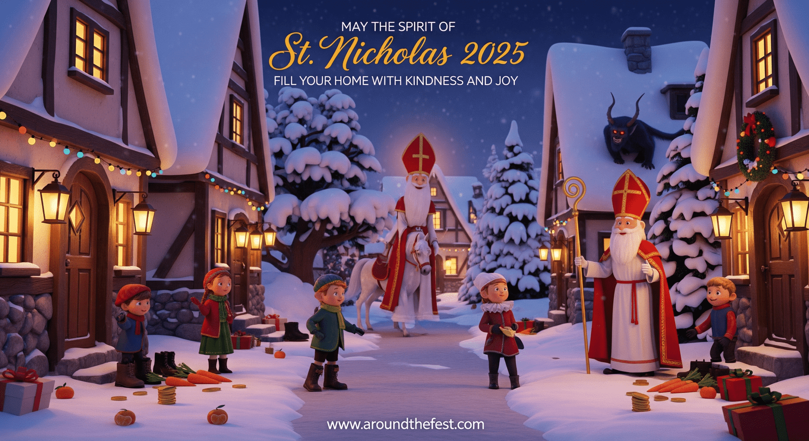 Europe festive scene with children’s shoes, Sinterklaas horse, Krampus, and holiday wish: May the Spirit of St. Nicholas Fill Your Home with Kindness and Joy."
