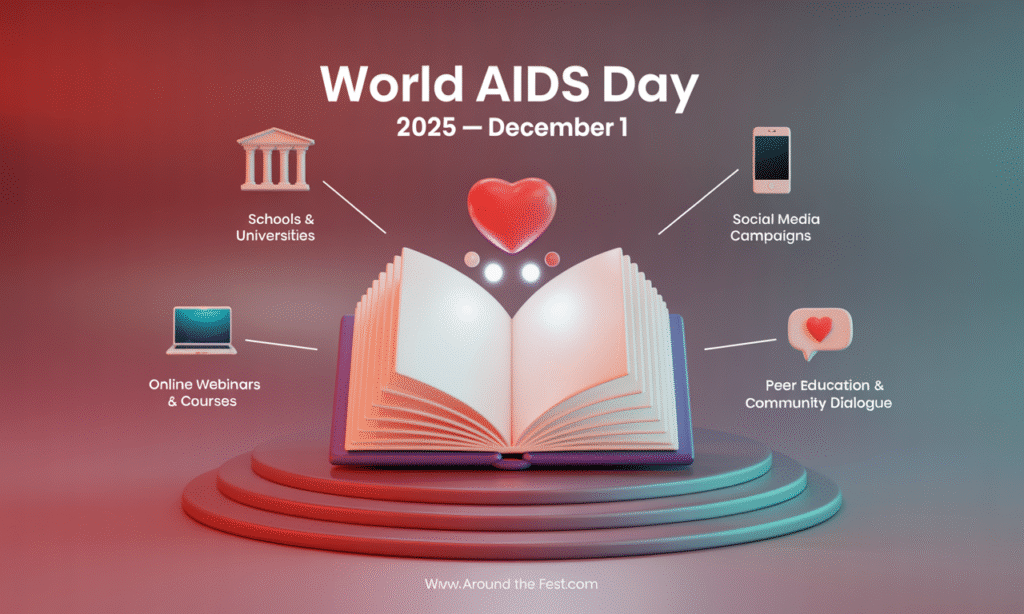 "World AIDS Day 2025 infographic with icons for schools, online webinars, social media campaigns, and peer education for HIV awareness."