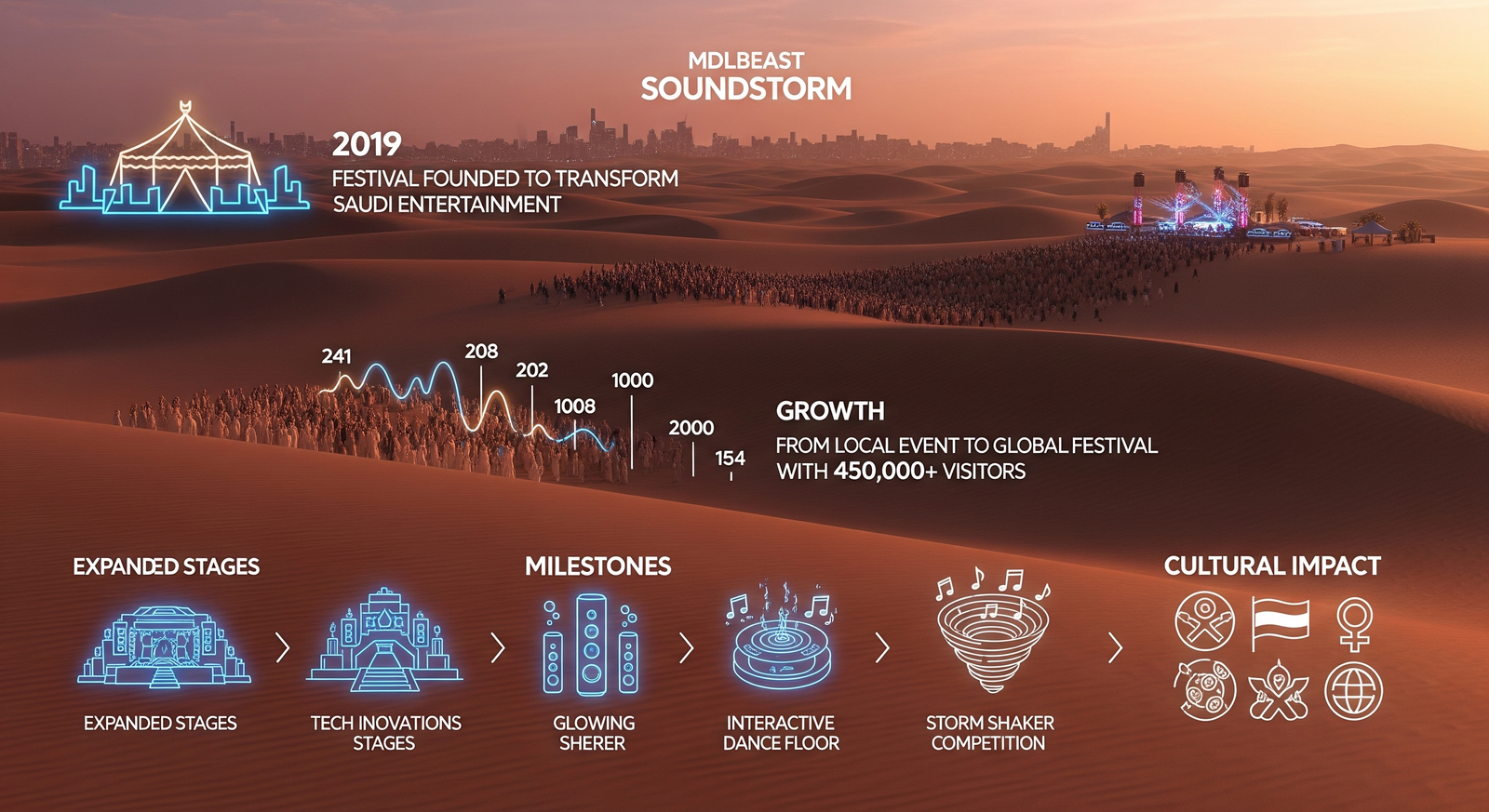 "The Origins of MDLBEAST Soundstorm – Design a simple, visually clear infographic showing the festival’s journey. Include: 2019: Founded to transform Saudi Arabia’s entertainment scene Growth: From local festival to international event with 450,000+ attendees Key Highlights: Expanded stages, tech innovations, interactive experiences, Storm Shaker talent competition Cultural Impact: Youth empowerment, blending local traditions with global music trends Style: minimal, clean layout with desert and festival icons, readable text, subtle neon accents. Focus on clarity and storytelling. No human faces."