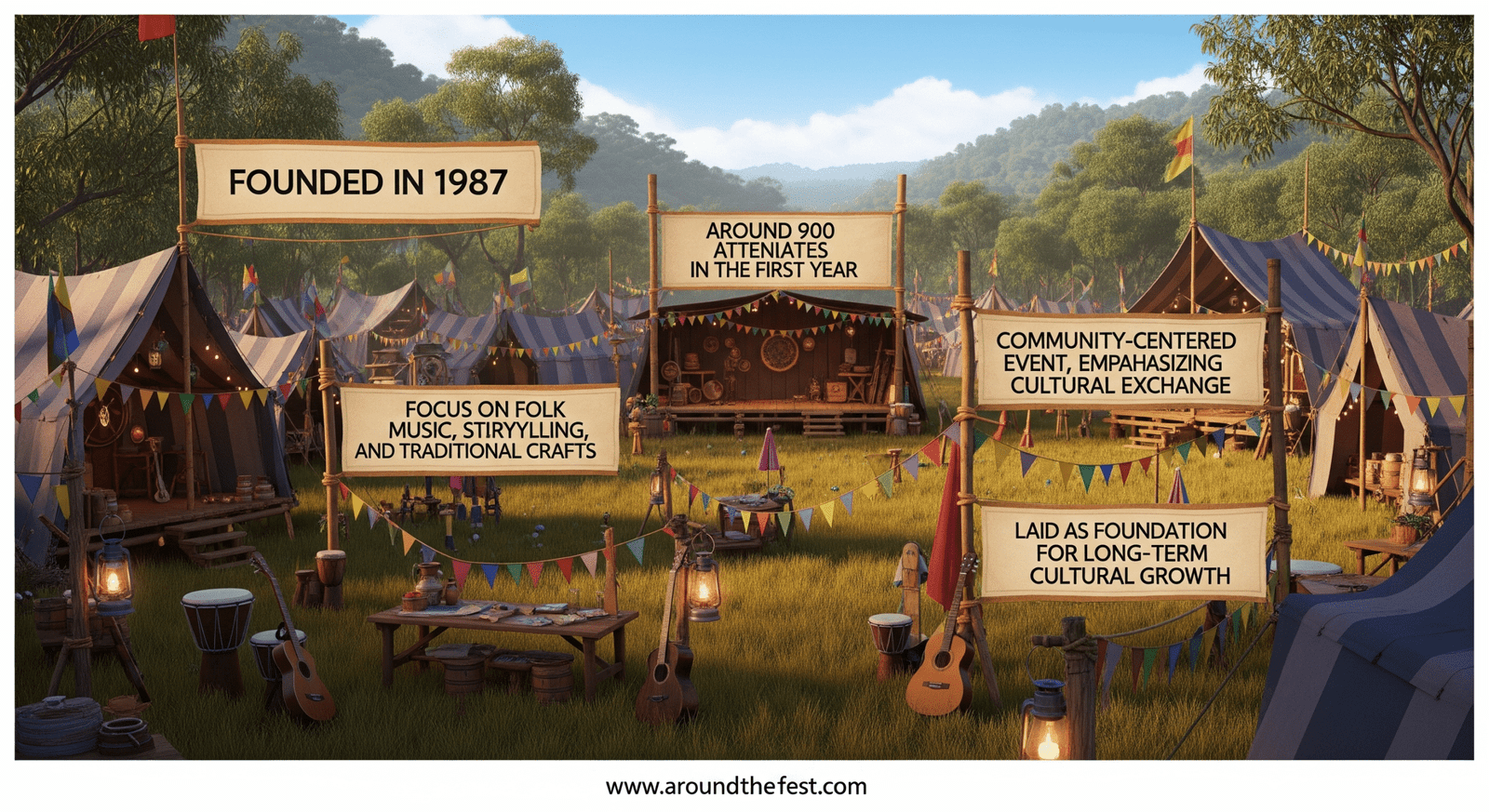 "Woodford Folk Festival 1987 at Woodfordia, Queensland showing colorful tents, folk instruments, storytelling props, traditional crafts, and text highlights: founded in 1987, 900 attendees, folk music, storytelling, community focus, cultural heritage."