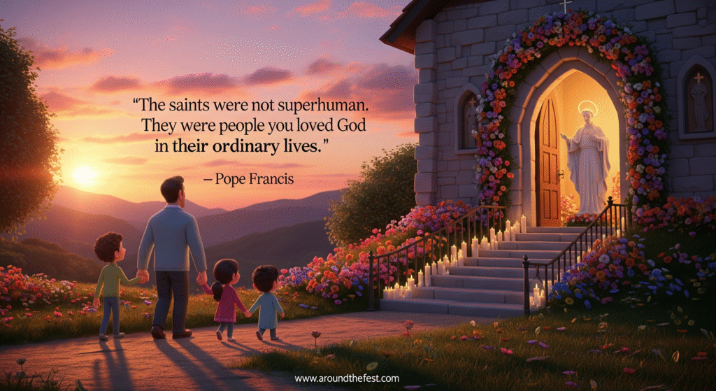 Family visiting a church for All Saints’ Day 2025, carrying flowers and candles to honor saints and ancestors, with Pope Francis quote about saints as ordinary people.”