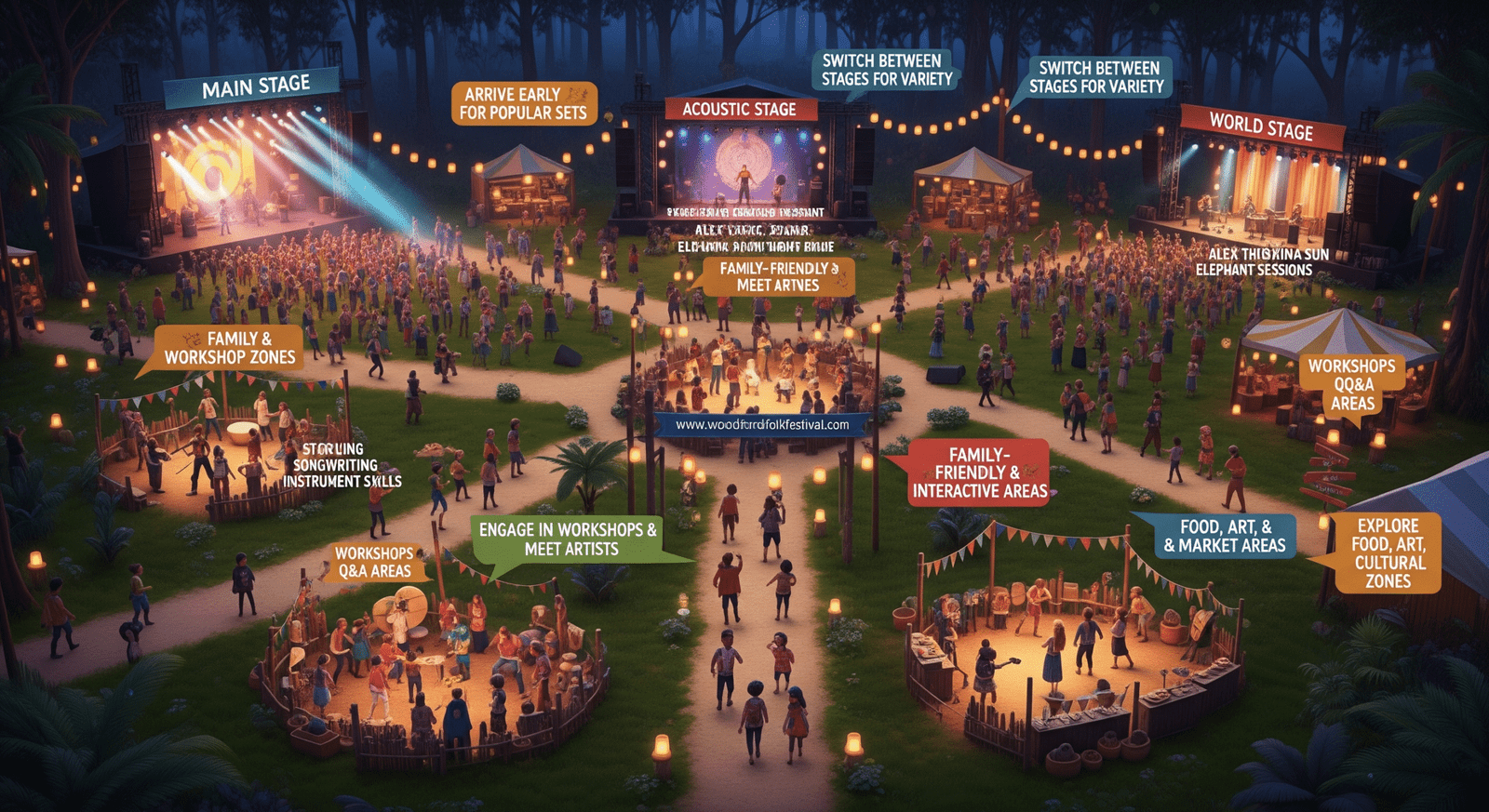 Illustration showing Main, Acoustic, and World Stages, family and workshop areas, food and art zones, and audience engagement with music, dance, and interactive activities.