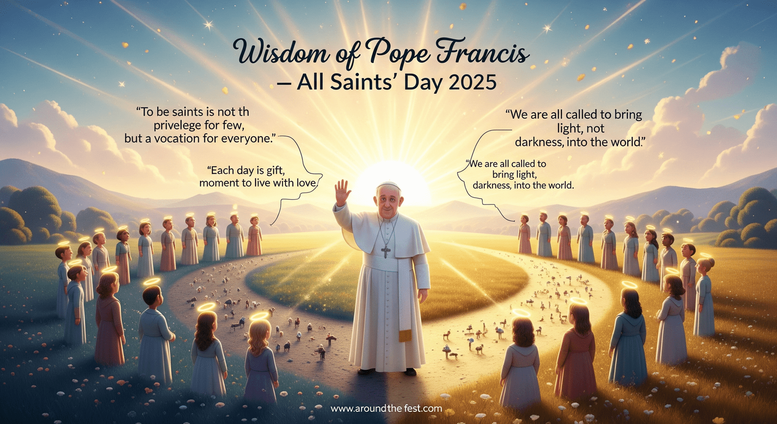 Pope Francis raising his hand in blessing with diverse people around him, golden light streams symbolizing holiness, love, service, and bringing light into the world – All Saints’ Day 2025 inspiration."