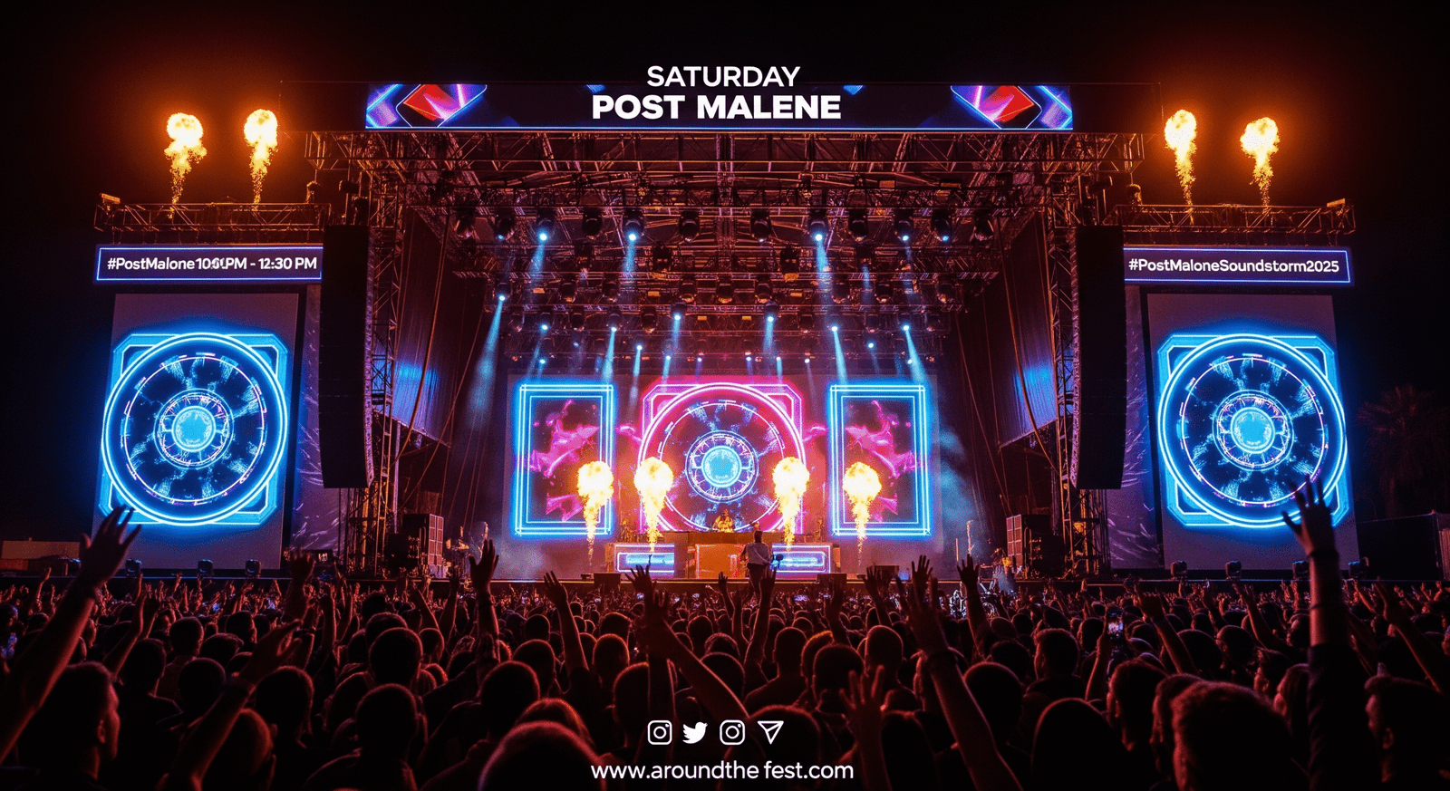 "Post Malone: The Global Sensation at Soundstorm 2025 – Design a vibrant festival infographic or scene showcasing his main stage performance. Include: Stage & Time: Main Stage, Saturday Night, 10:00 PM – 11:30 PM Performance Highlights: High-energy crowd engagement with hip-hop, pop, and rock hits Visuals: Surprise live mashups and fan-favorite songs Style: Colorful, energetic festival aesthetic with neon lights, dynamic stage visuals, subtle pyrotechnics, and desert festival background. Include small social media icons and hashtag #PostMaloneSoundstorm2025 for fan buzz. No human faces."
