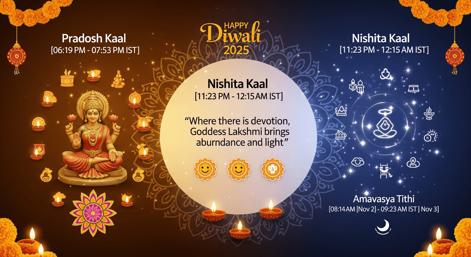 infographic showing Pradosh Kaal (golden-orange twilight) and Nishita Kaal (silvery-blue midnight), Amavasya Tithi timing, glowing diyas, rangoli, marigolds, and the quote: 'Where there is devotion, Goddess Lakshmi brings abundance and light.'"
