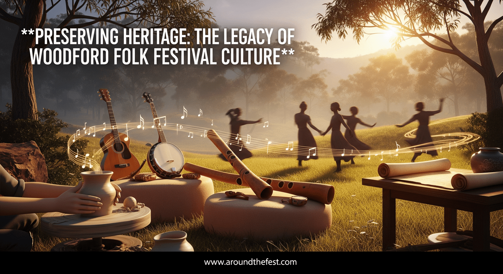 Preserving Heritage: , showing a glowing winding path through misty trees with floating light trails and intertwined roots symbolizing folk traditions, storytelling, crafts, and intergenerational learning."