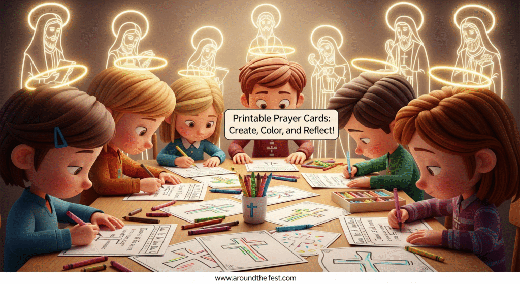 “Children coloring and decorating printable saint or cross cards and writing short prayers, with haloed saint illustrations in the background, showing a creative and reflective All Saints’ Day activity.”