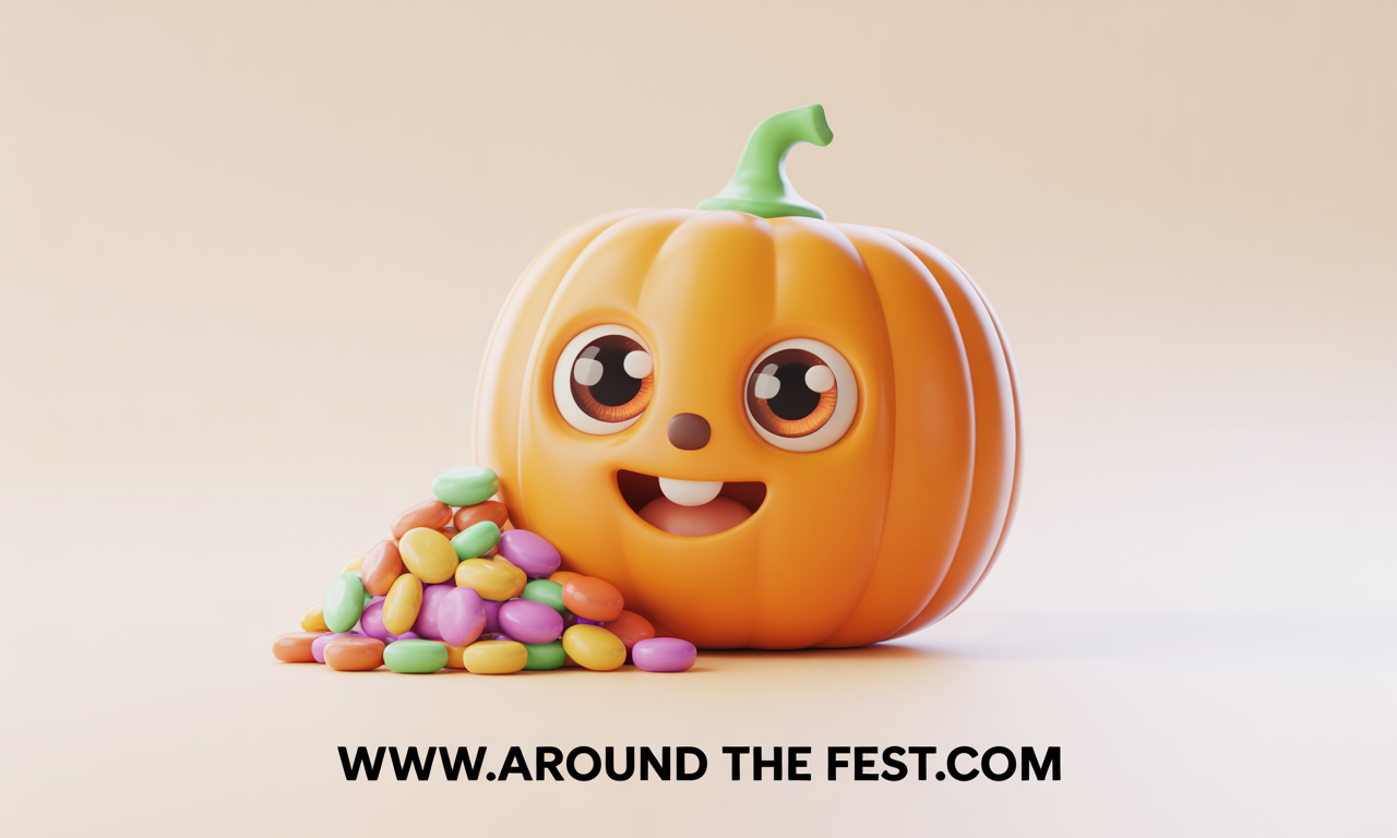 Cute cartoon pumpkin with orange color, big kawaii eyes, smiling, and holding candy.