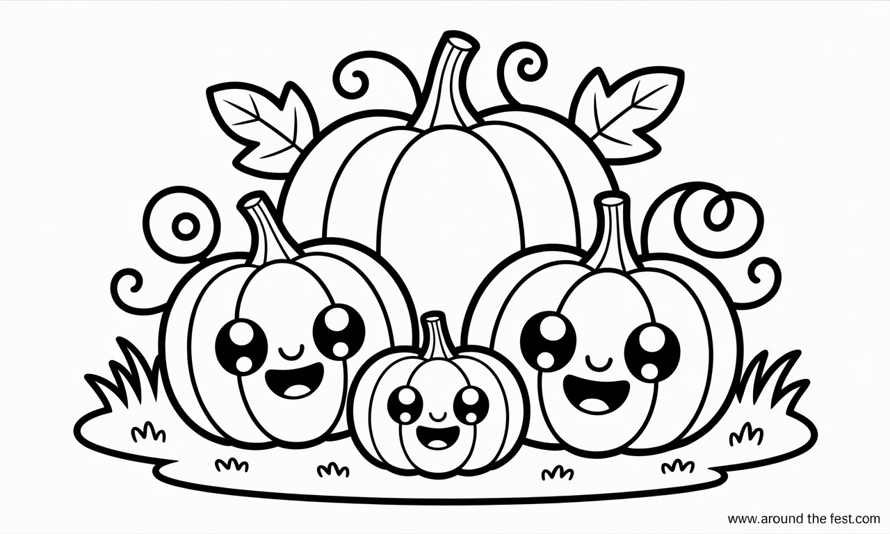Black and white outline sketch of three cute pumpkins with smiling faces for kids to color.
