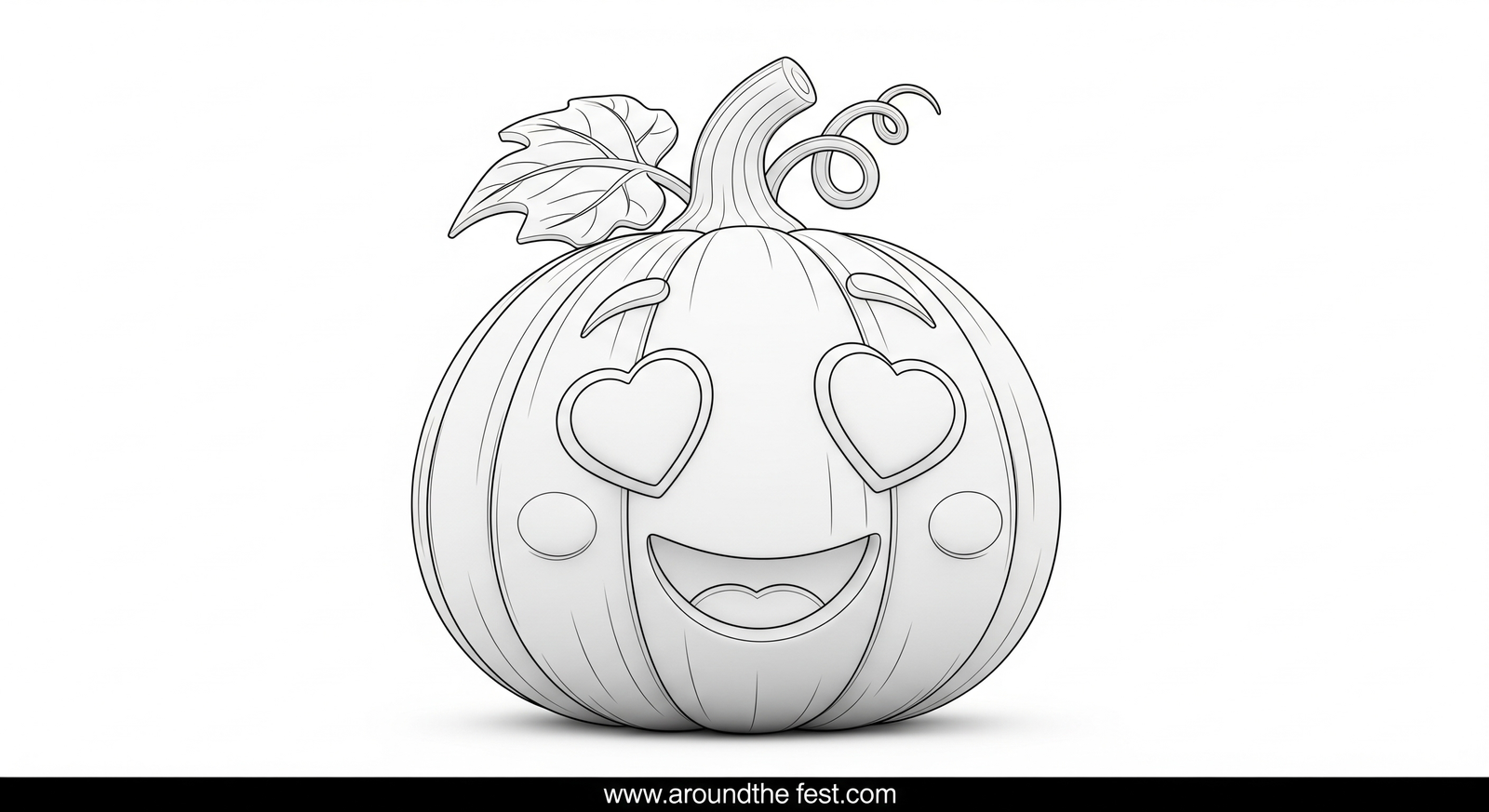 Black and white outline sketch of a cute pumpkin with heart-shaped eyes and smiling face for kids to color.