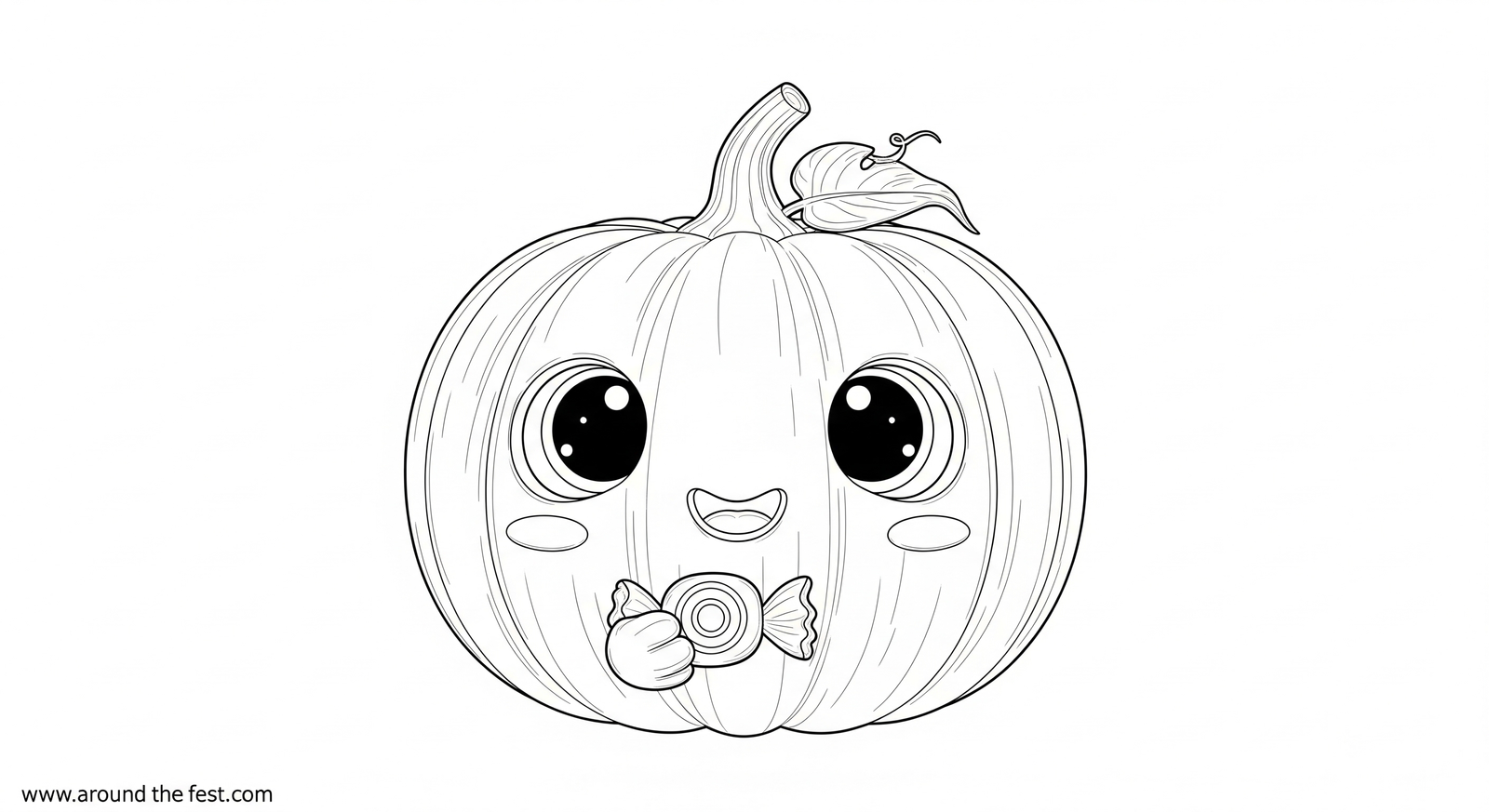 Black and white outline sketch of a cute pumpkin holding candy for kids to color.