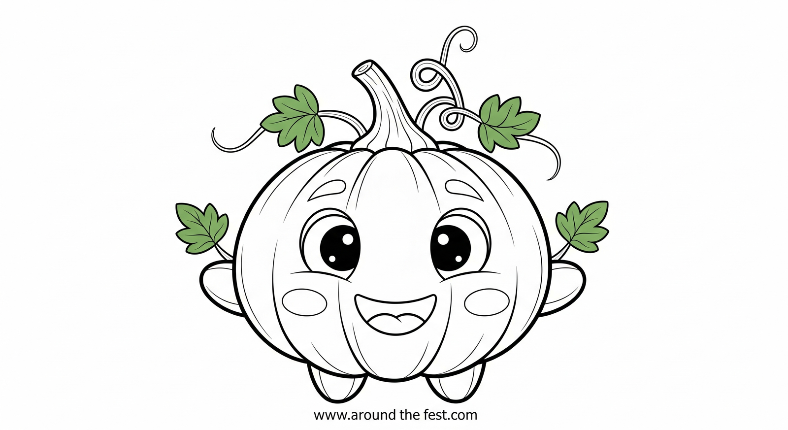Black and white outline sketch of a cute pumpkin with leaf arms and smiling face for kids to color.