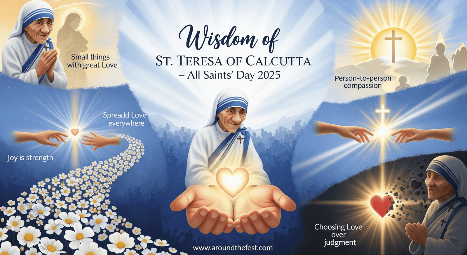 St. Teresa of Calcutta quotes collection for All Saints’ Day 2025 with glowing heart, radiant flowers, helping hands, rising sun, and light-filled heart — symbolizing love, joy, compassion, and kindness."