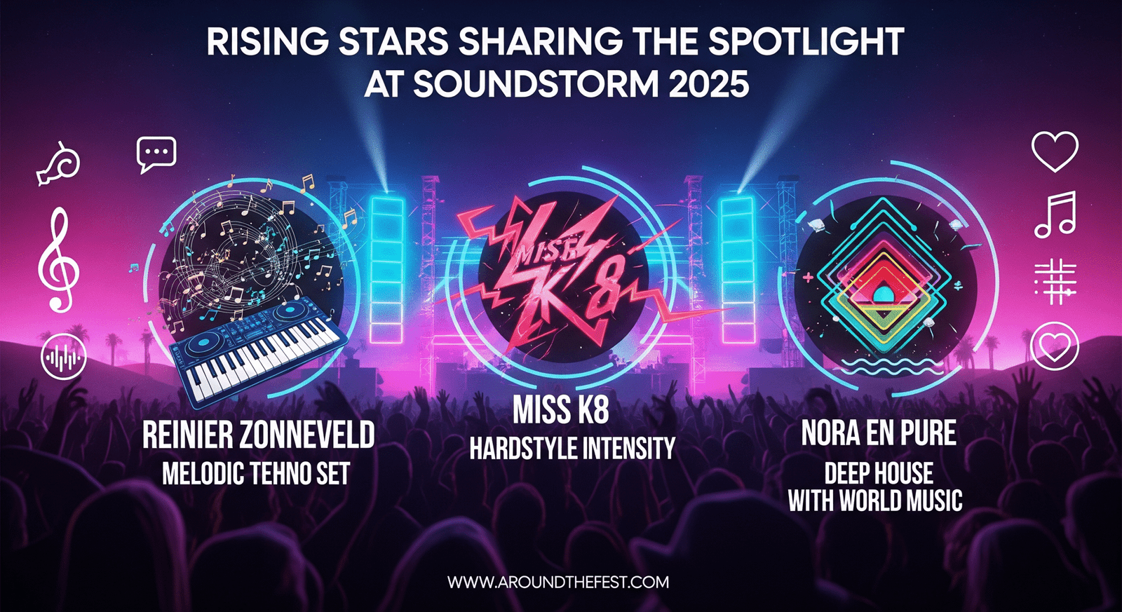 "Rising stars at Soundstorm 2025: Reinier Zonneveld (melodic techno), Miss K8 (hardstyle), Nora En Pure (deep house with world music elements)."