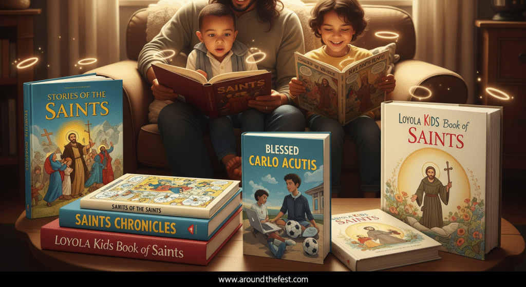“Children and parents enjoying saint-themed storybooks and comics in a cozy reading nook, representing recommended All Saints’ Day books for 2025.”
