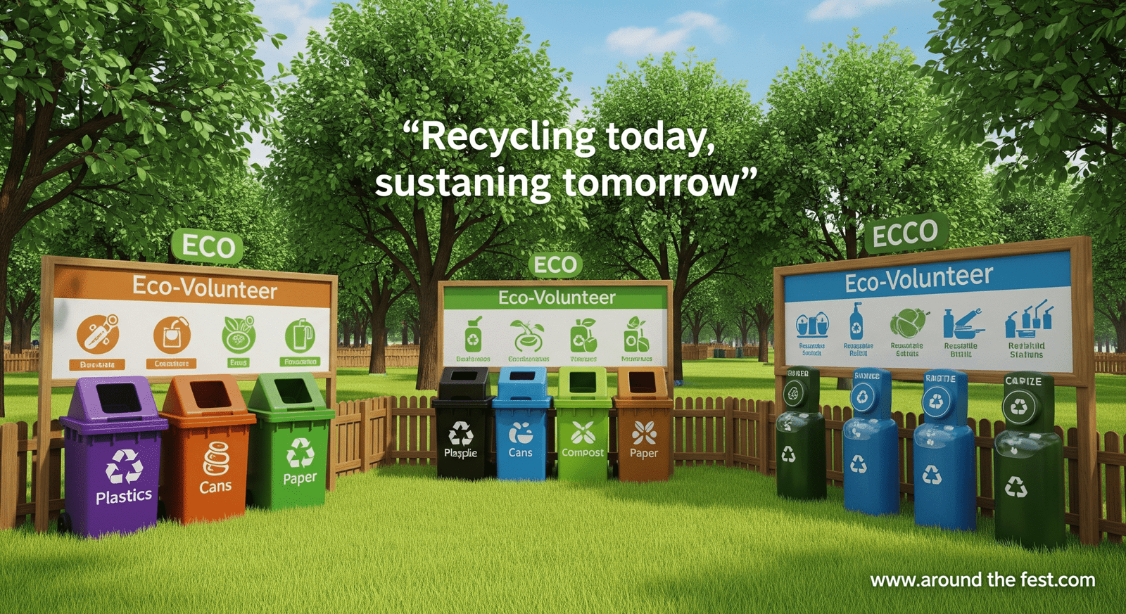 waste management and recycling infographic with labeled bins, composting zones, refill stations, and eco-friendly quote overlay: 'Recycling today, sustaining tomorrow.'"