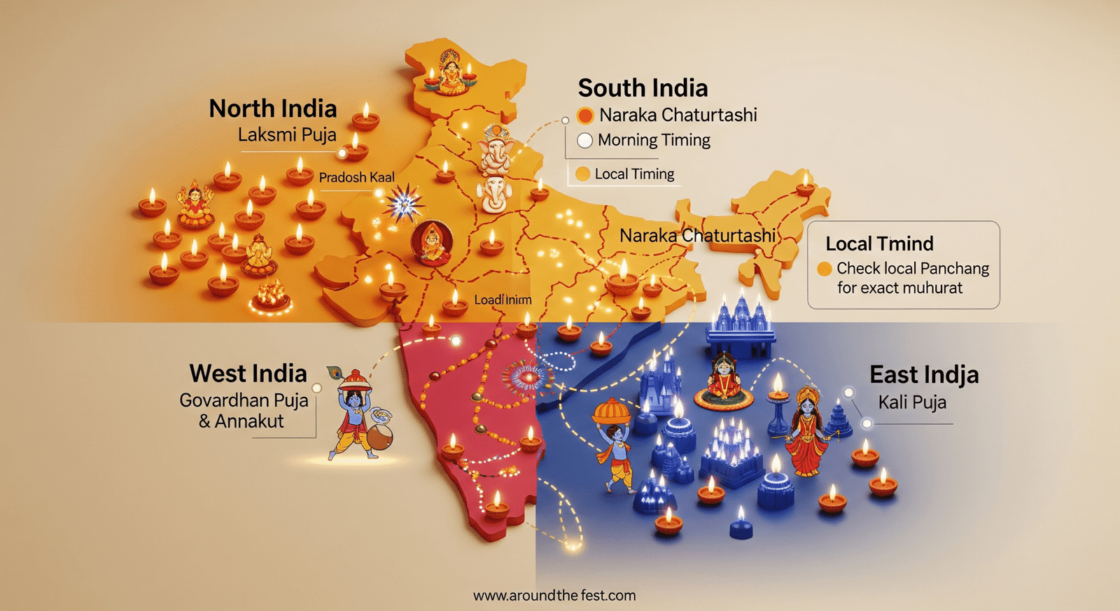 "Simple map of India showing regional celebrations and puja timings: North India Lakshmi Puja, South India Naraka Chaturdashi, West India Govardhan Puja & Annakut, East India Kali Puja, with icons and diyas."